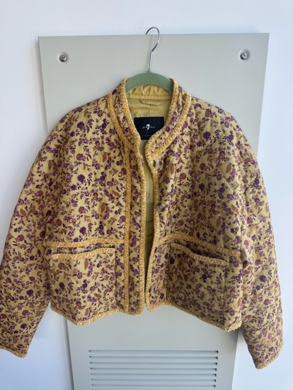 7 For All Mankind Mustard Quilted Floral Teddy-Trim Jacket